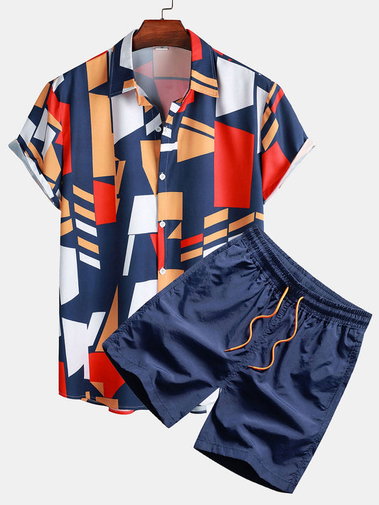 Geometry Print Button Up Shirt & Swim Shorts