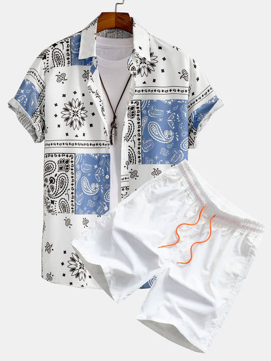 Paisley Patterned Button-Up Shirt and Swim Shorts with a Random Design