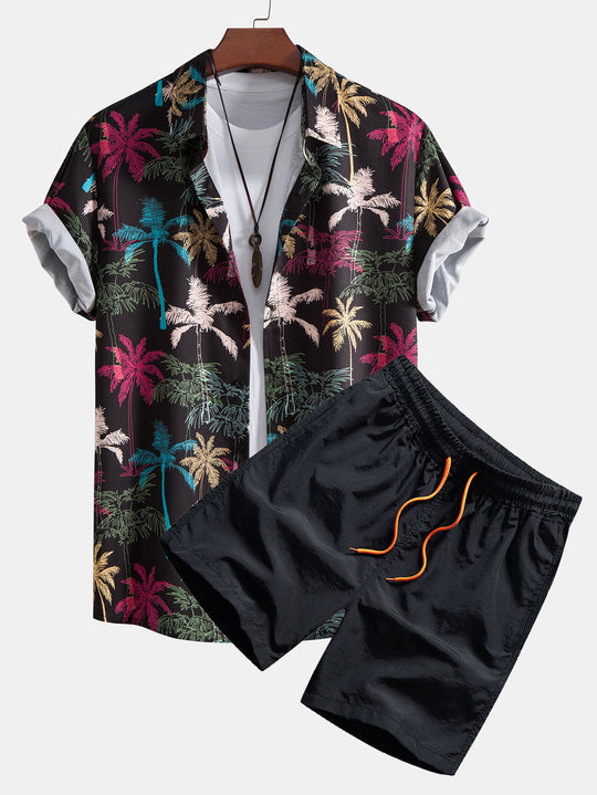 Palm Tree Print Button Up Shirt & Swim Shorts