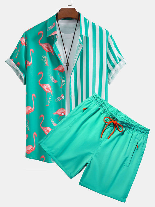 Flamingo Stripe Panel Shirt & Swim Shorts