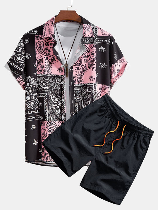 Paisley Patterned Button-Up Shirt and Swim Shorts with a Random Design