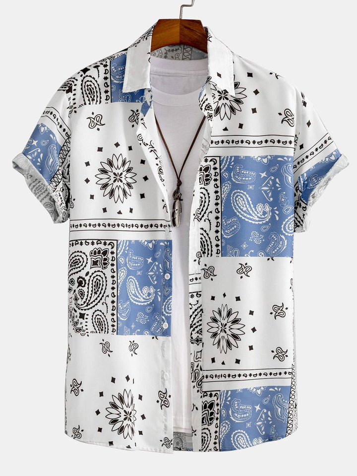 Paisley Patterned Button-Up Shirt and Swim Shorts with a Random Design